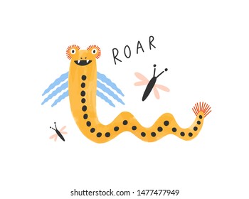 Amusing monster, alien or snake with wings. Lovely fantastic fairytale creature or mutant. Adorable joyful cartoon character isolated on white background. Colorful childish vector illustration.