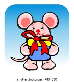 Amusing mousy with a gift box on a blue background.