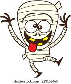 Amusing mummy, with bulging crossed eyes and broken yellow teeth, in a playful mood while sticking its tongue out, dancing, smiling, raising his arms and making funny faces in a very nice attitude