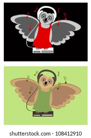 Amusing musical owl with headphones sitting on a disc center and singing. Eps 10 vector illustrations set
