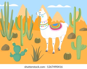 Amusing muzzled llama with national Bolivian ornaments in the wild. Desert with cacti. Cactus. The mountains.