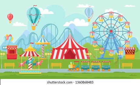 Amusing park festival. Amusement attractions landscape, kids carousel and ferris wheel attraction. Circus entertainment, fair amusement or carnival wheels vector illustration