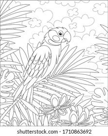 Amusing parrot, long-tailed, perched on a palm tree branch in a tropical jungle, wild scenery, black and white vector cartoon illustration for a coloring book page