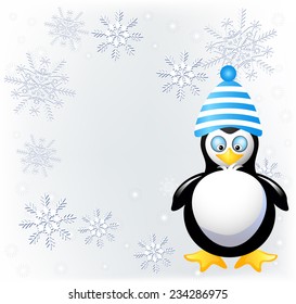  Amusing penguin in knitted hat with pompom and place for inscription