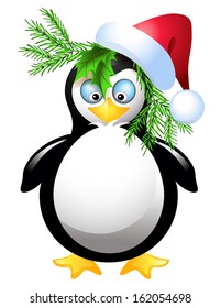 Amusing  penguin with Santa Claus hat and spruce