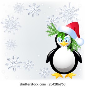 Amusing  penguin with Santa Claus hat and place for inscription