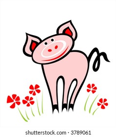 The amusing pig costs on a flower glade.