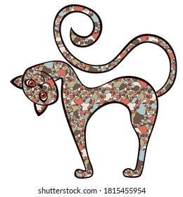 Amusing and playful cat with head tilted with body is made of colorful muted mosaic shapes isolated on the white background, vector illustration