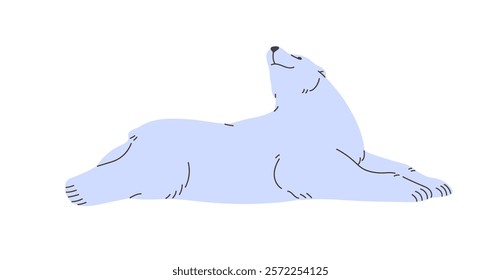 Amusing polar bear lying, stretching. Cute white arctic animal relaxes. Big furry inhabitant of North Pole has a rest. Wild fauna of Antarctica, predator of tundra. Flat isolated vector illustration