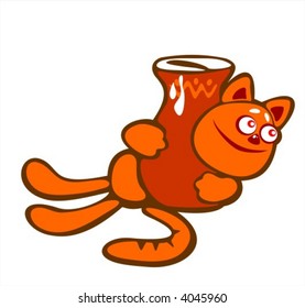 The amusing red cat embraces a jug with milk.