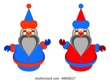 Amusing Santa Claus on a white background. Santa Claus in two variants. In red clothes and in dark blue clothes.