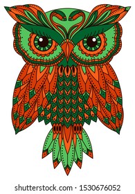 Amusing and serious owl with big eyes in orange and green hues isolated on the white background, cartoon vector artwork