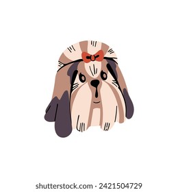 Alegre avatar Shih Tzu. Un cachorro esponjoso de perro de raza de juguete. Divertido retrato de cachorro con arco. Feliz bozal pekingés. Hocico de mascota. Pequeña cara de animal doméstico. Ilustración vectorial aislada plana en blanco