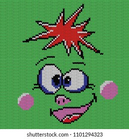 Amusing smiling face with an open mouth on the green background, knitting vector as a fabric texture