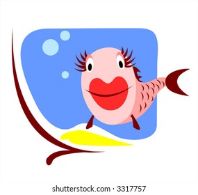 The amusing smiling stylized small fish in an aquarium.
