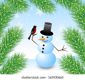 amusing snow man with a bird bullfinch and branches of fluffy fir-tree,  vector  illustration
