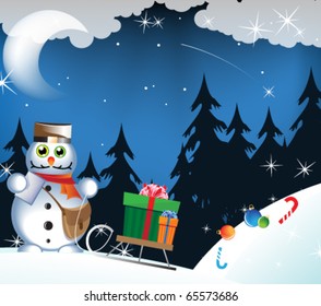 Amusing snowman-postman carries gifts on a sledge