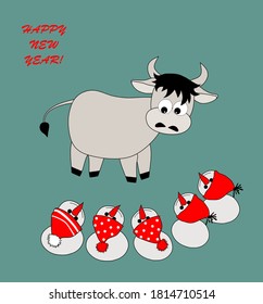 Amusing snowmen in red caps look at the shy bull, a symbol of the new 2021. Flat vector isolated image on dark background. Design for holiday banner, New Year/Christmas postcard, greeting card.