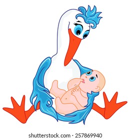 Amusing stork sitting and holding a newborn baby, hand drawing cartoon vector illustration