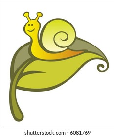 The amusing stylized snail on a green leaf. Digital illustration.