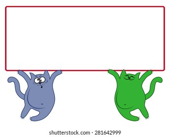 Amusing thick cats hold in paws of a large rectangular banner over them, cartoon vector artwork