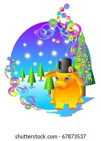 Amusing thick rabbit in the cylinder against a winter New Year's landscape.Vector illustration.