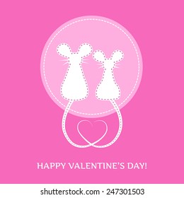 amusing valentine's card - white silhouette of two amusing mouse on pink background, vector illustration