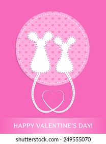 amusing valentine's card - white silhouette of two amusing mouse on pink with hearts background, vector illustration