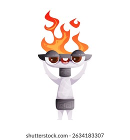 An amusing vector image of a cartoon character designed as an Olympic torch. The figure has big, expressive eyes, a wide smile and is holding its own flame.