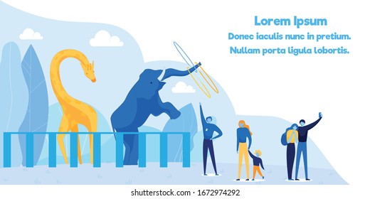 Amusing Wild Animals Show at Zoo for Visitors. Trained Elephant Give Performance for People. Creature Twisting Hoops on Trunk. Advertising Flat Poster. Cartoon Invitation. Vector Illustration