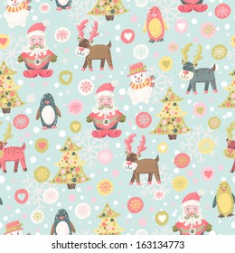 Amusing winter characters seamless pattern. Stylish Merry Christmas endless background. Seamless pattern can be used for wallpapers, pattern fills, web page backgrounds, surface textures 