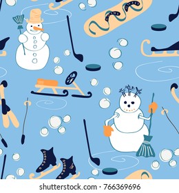 Amusing winter seamless pattern with winter sports and snowmen