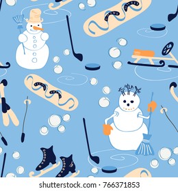 Amusing winter seamless pattern with winter sports and snowmen