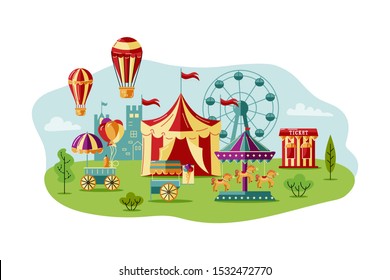 Amusment park with circus tent, carousel, castle, big whell, air ballon. Great for carnival, theme park, circus, funfair. Vector illustration for invites, poster, ticket.