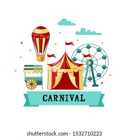 Parque de atracciones con carpa de circo, carrusel, ballena de ferris, globo de aire, quiosco móvil. Ideal para carnaval, parque temático, circo, feria. Ilustración vectorial para invitaciones, afiche, boleto.