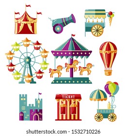 Amusment park elements with circus tent, carousel, castle, ferris whell, air ballon, cannon, mobile kiosk with ice cream. Vector illustrations set for  funfair, carnival, family park poster, flyer.