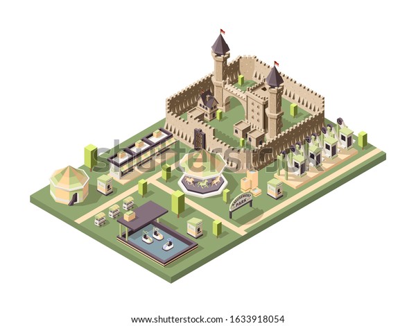 Amusment\
park. Isometric attractions with medieval castle circus ferris\
wheel and roller coaster vector fun\
landscape