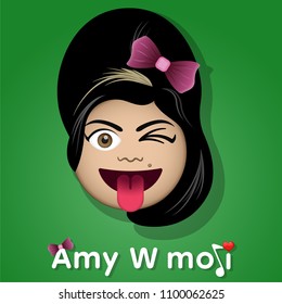 Amy Winehouse emoji. Isolated winking girl emoticon with black hair. Isolated emoticon on green background.