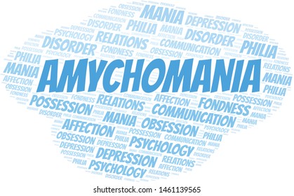 Amychomania word cloud. Type of mania, made with text only.