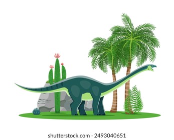 Amygdalodon cartoon prehistoric dinosaur character. Isolated vector colorful dino with green skin, long neck and tail standing at natural Jurassic era habitat landscape with cacti and palm trees