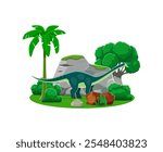 Amygdalodon prehistoric dinosaur cartoon character. Isolated vector dino with green skin, long neck and tail standing at natural Jurassic era habitat landscape with rocks, fallen log and palm trees