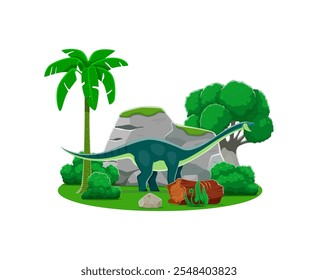 Amygdalodon prähistorischen Dinosaurier Cartoon Charakter. Einziger Vektor-Dino mit grüner Haut, langem Hals und Schwanz, der an der natürlichen Lebensraumlandschaft der Jurassischen Ära mit Felsen, gefallenen Baumstämmen und Palmen steht