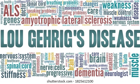 Amyotrophic lateral sclerosis - ALS - Lou Gehrig's disease vector illustration word cloud isolated on a white background.