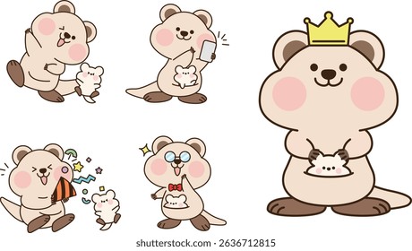 "An adorable illustration set featuring a cute quokka and baby quokka in various daily life scenes. Expressing diverse emotions and actions like curiosity, joy, hugging, and writing, this collection