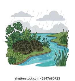 ['An anaconda or large python coils its dark patterned body near a flowing stream surrounded by large green leaves and raindrops falling from the sky']