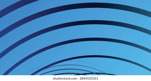 ['An architectural structure featuring a series of dark, curving parallel ribs arching gracefully across a bright blue sky.']