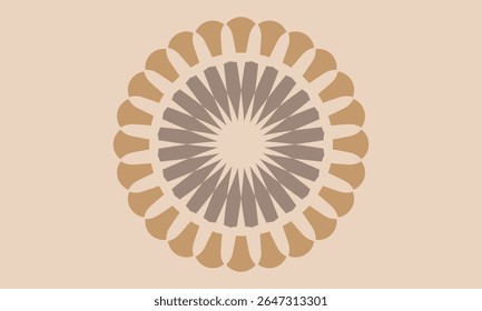 "An elegant and modern abstract geometric mandala design featuring a symmetrical circular pattern. The design utilizes a harmonious palette of warm brown, beige, and soft grey earth tones.