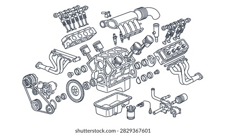 ['An exploded technical illustration showing the individual components of a V8 engine including pistons, cylinder heads, intake manifold, and crankshaft']
