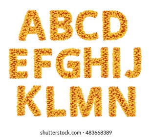 A-N first part Fall Yellow Bright Leaves Alphabet. Vector letters set