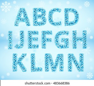 A-N first part Winter Snow Frozen Blue Leaves Alphabet. Vector font
